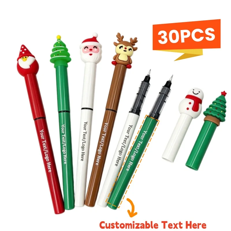 30PCS Customizable Printed Logo Christmas Cartoon Gel Pens Personalized Santa Snowman Reindeer Christmas Tree Cute Kawaii Pens