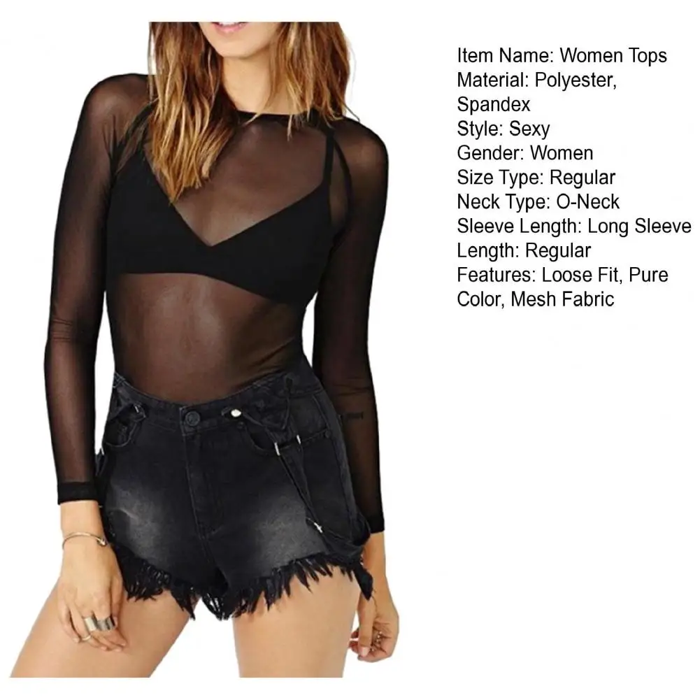 

Summer Round Neck Transparent Bottom Shirts Tops Mesh See-Through Women's Shirts Long Sleeve Seamless Top Shirts And Blouses