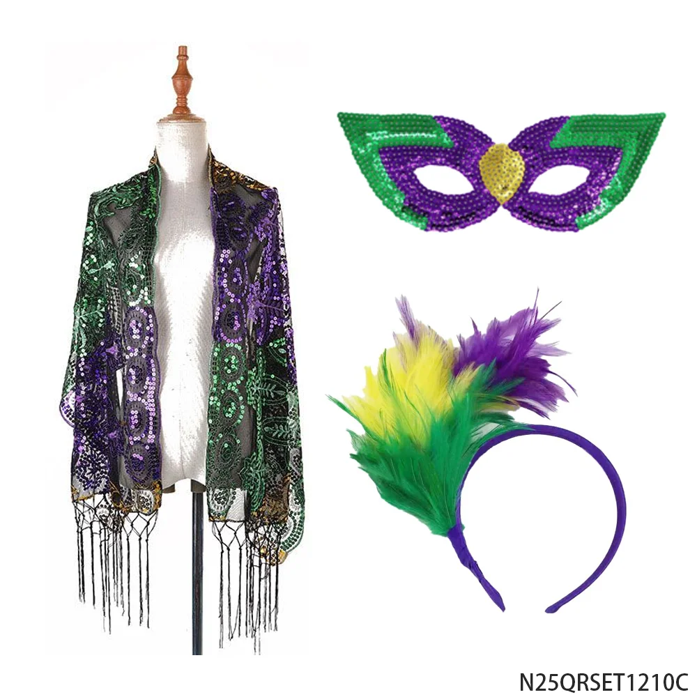 

Костюмный набор PESENAR Mardi Gras: шаль с пайетками, маска, повязка на голову с перьями, аксессуар для вечеринки