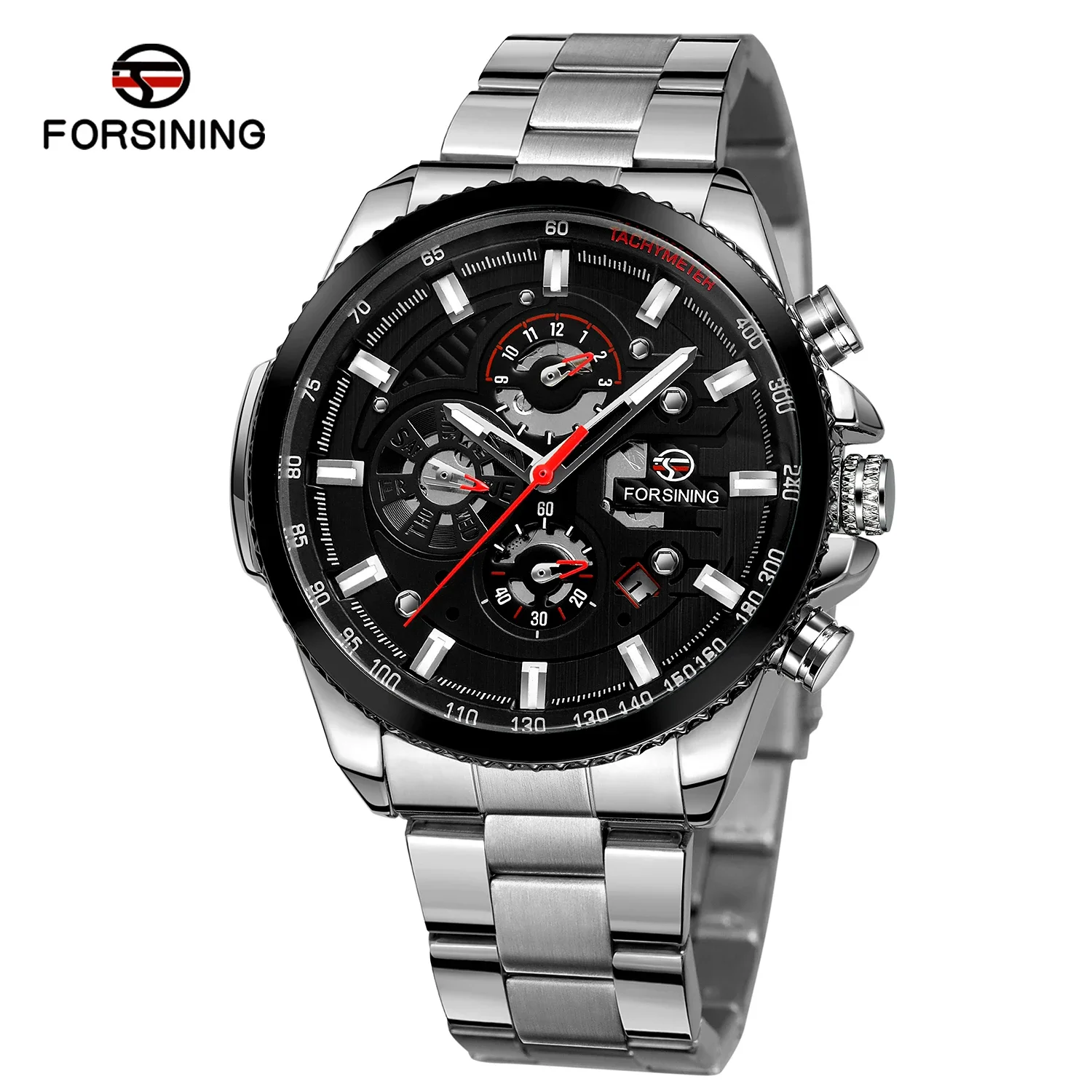 FORSINING Sport Waterproof Big Dial Mechanical Watches Luxury Stainless Steel Watch For Men Multifunctional Automatic Wristwatch