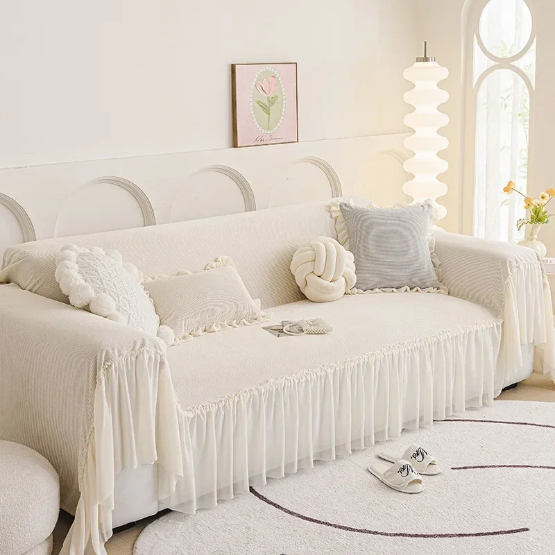 Corduroy Sofa Towel Covers with Skirt Edge French Anti Scratch Dust Cover for Living Room All Inclusive Lace Skirt Seat Cushion