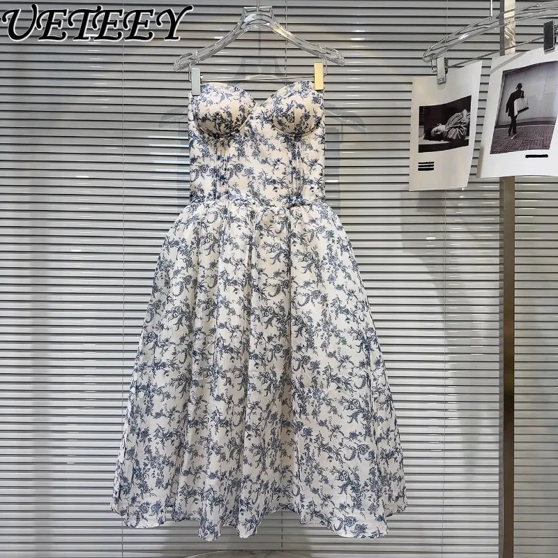 

Summer New French Celebrity Floral Pattern Chest Pad Tube Top Dress Temperament High Waist Slim Sleeveless Puffy Dresses Women