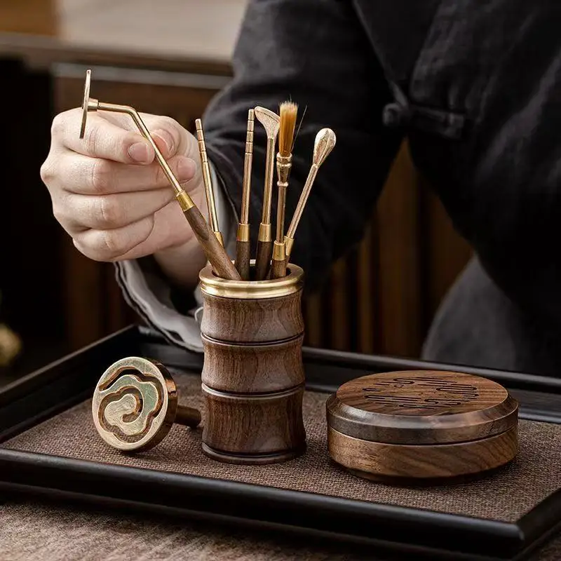 Vintage Black Walnut Incense Burner Set Beginner Fragrance Seal Mould Tools Zen Home Office Hotel Powder Incense Holder Kit Gift
