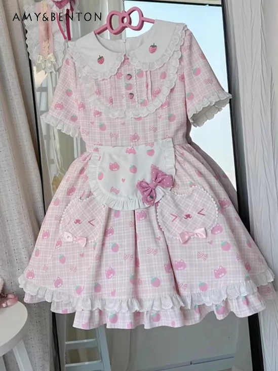 

Strawberry Cat Pastoral Style Lolita Dress Sweet Girl Cute Cartoon Print Plaid Doll Collar Op Long Sleeve Slim Tutu Dresses