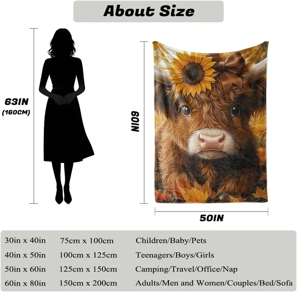 Highland Cow Blanket, Western Farmhouse Flannel Throw Blanket, Cute Farm Animal Scottish Cow Soft Warm Blanket for Adults Couch Sofa Bed Bedroom Rustic Home Decor Gift