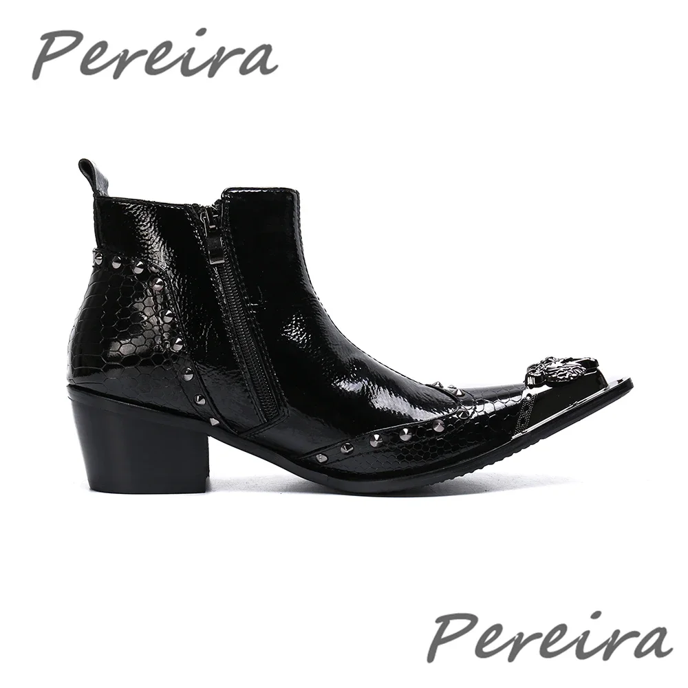 

Black Snake Pattern Patent Leather Men's Boots Rivet Design Metal Pointed Toe High Heel Ankle Boot Trendy Business Dress Shoes