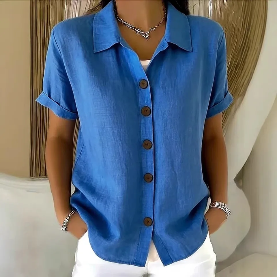 Women's Elegant Summer Cotton Linen Tops Short Sleeve Lapel Button Up Solid Color Loose Shirt Women Casual Blouse Cardigan Tops