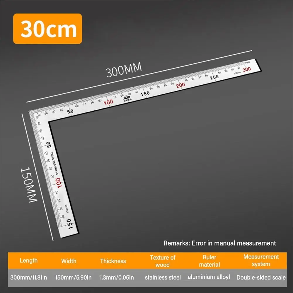 Measuring Tool Angle Square Ruler Stainless Steel Double Sided Scale 90 Degree Turning Ruler 30/50CM Right Angle Gauge