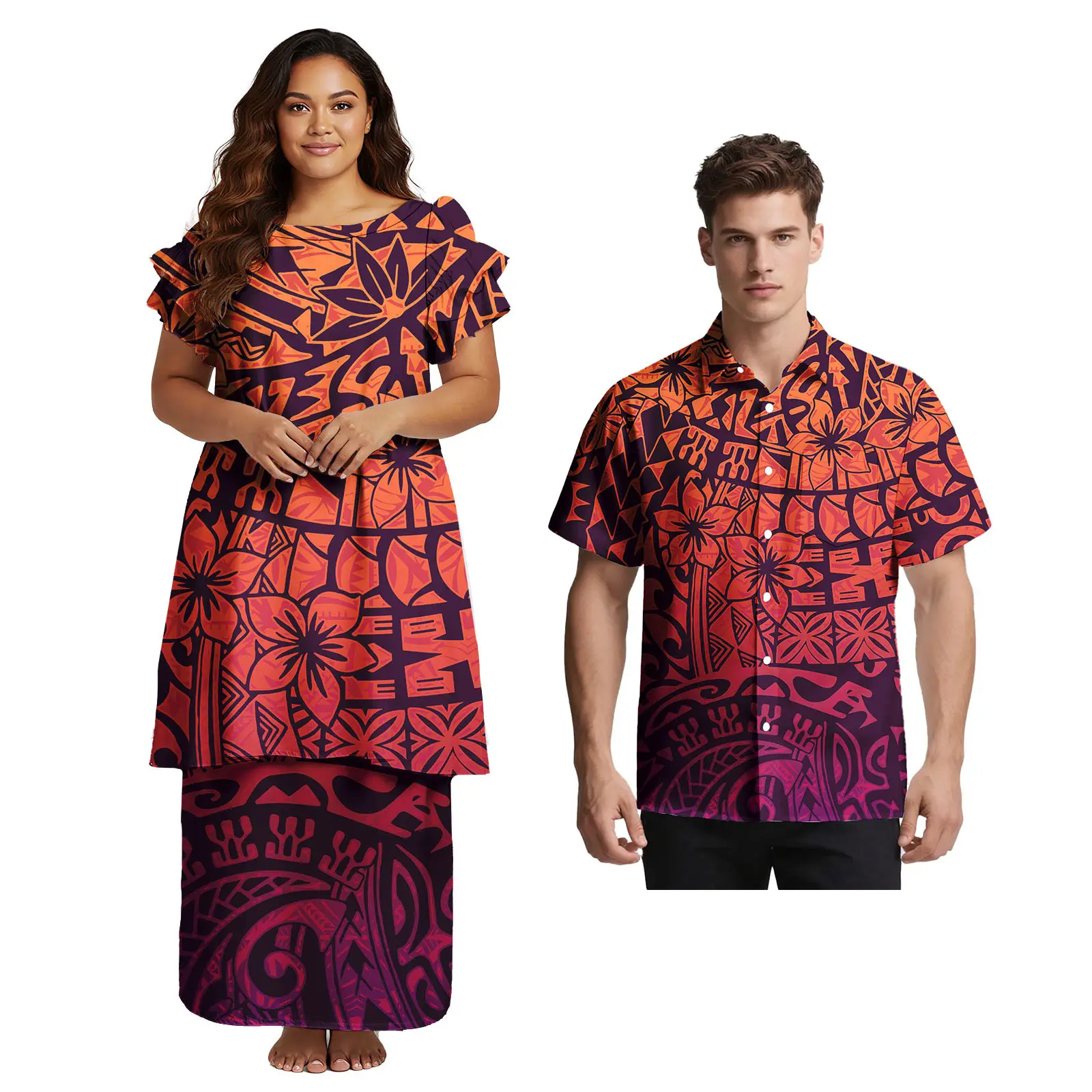 Couple Sets Two Pieces Hawaii Polynesian Tribal Print Plus Size Ladies Church Elegant Dress Match Men Aloha Shirts