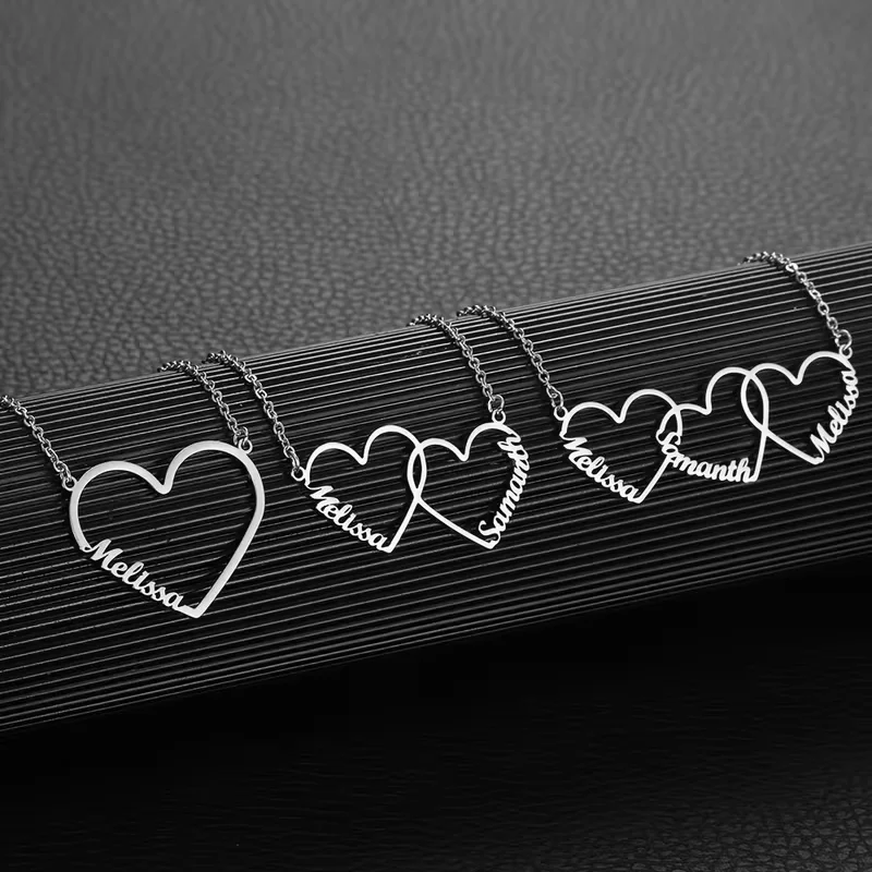 Collier personnalisé avec nom en forme de cœur entrelacé, pendentif personnalisé avec 1/2/3 noms, acier inoxydable, bijoux pour couple, famille, cadeau pour femme, maman