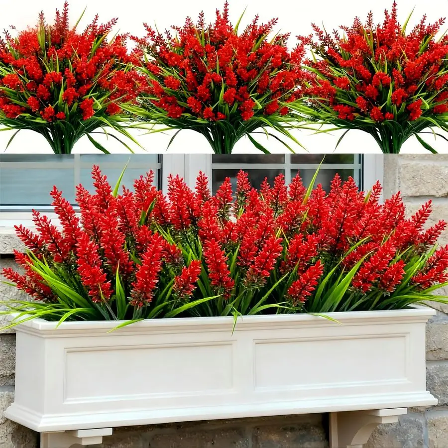 

Artificial Plants Flowers Outdoor 48 Bundles UV Resistant Faux Lavender Flowers with Monkey Grass for Garden Porch Window Patio