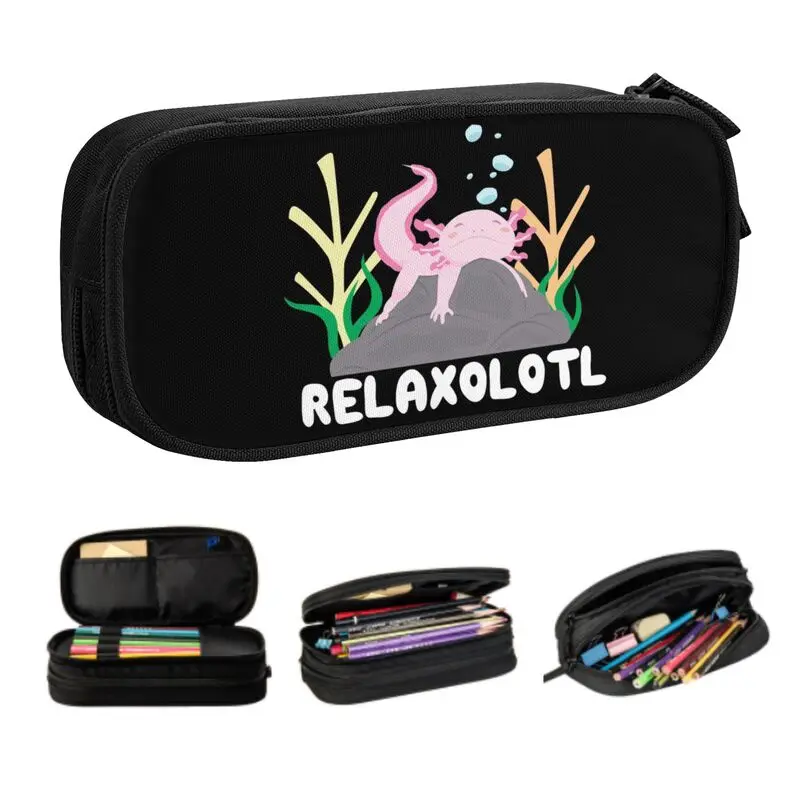 Caixa de lápis de grande capacidade para meninas e meninos, estojo personalizado axolotl relaxante em rocha, acessórios escolares para animais