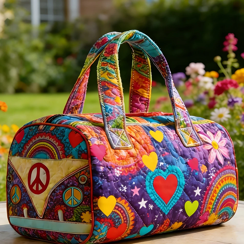 

Bohemian Style Floral Heart Peace Sign Quilted Duffle Bag Hippie Travel Tote HandBag Women Men Weekender Bags