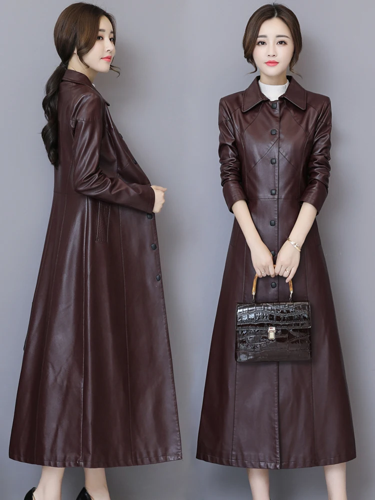 Cappotto in pelle da donna taglie forti, lunghezza media, sopra il ginocchio, in pelle di pecora, stile coreano alla moda, slim fit, a maniche lunghe, per il commuting