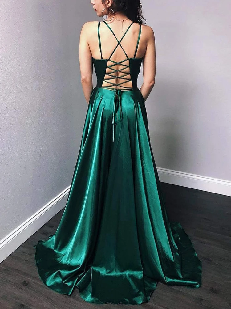 Customized Modern Popular Long Prom Dresses For Women Sexy Spaghetti Strap A Line Formal Wedding Evening Dress Soft Satin Side S