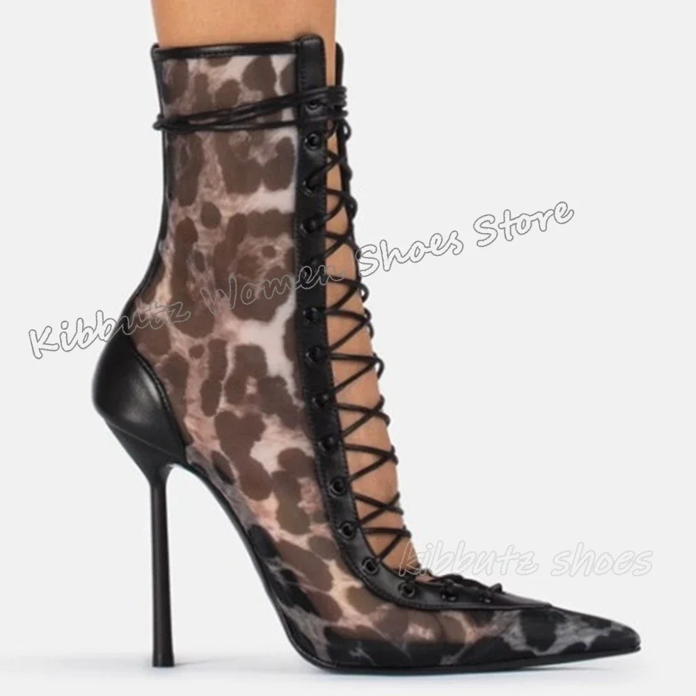 Lace-Up Sandal Ankle Boots Mesh Leather Solid Color Fashion Elegant Luxury Concise Sexy Party Dress Women Shoes New Pointy Heels