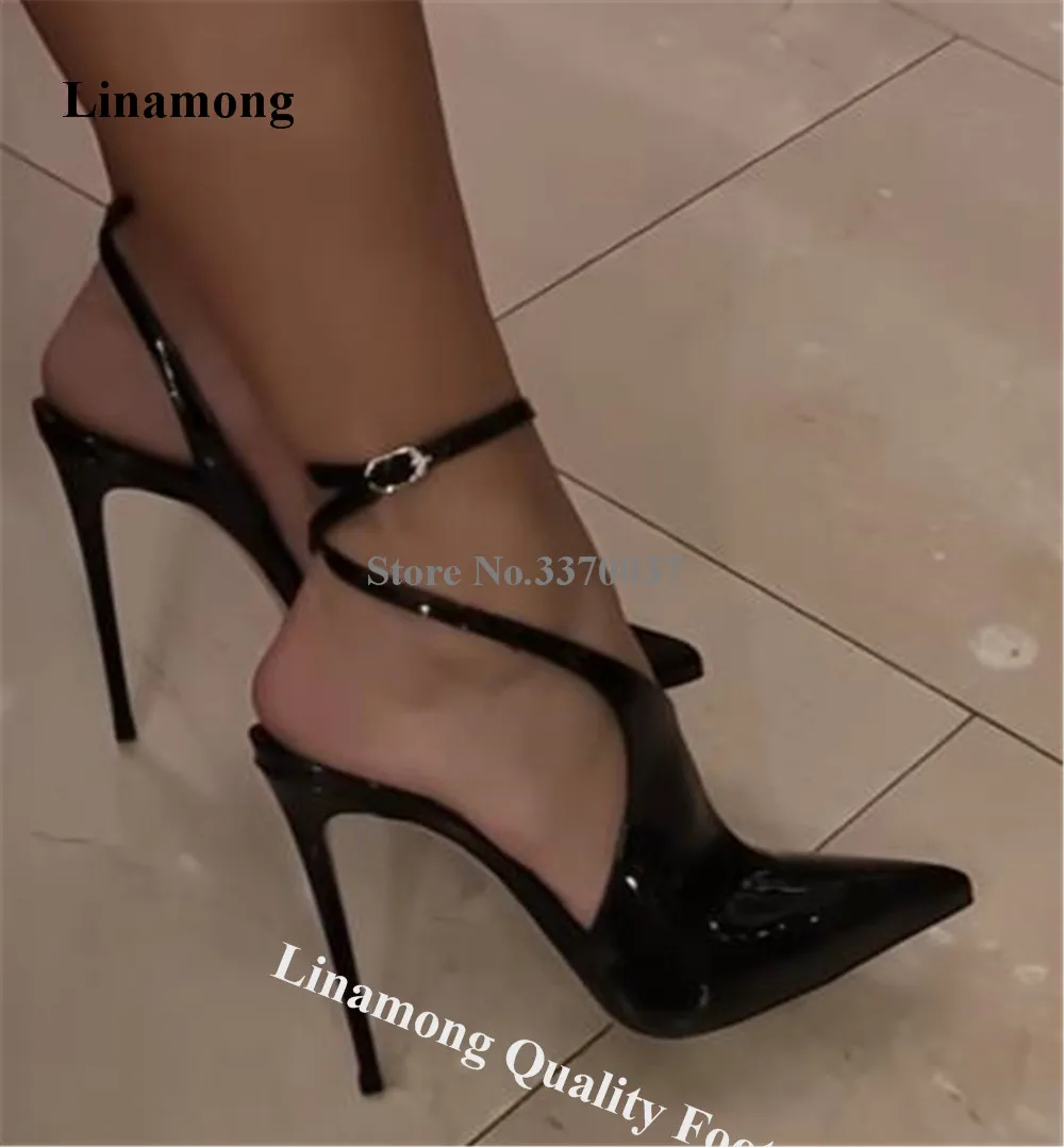 Linamong Sexy Black Beige Patent Leather Stiletto Heel Pumps Pointed Toe Cut-out Straps Cross Thin Heels Party Heels Big Size