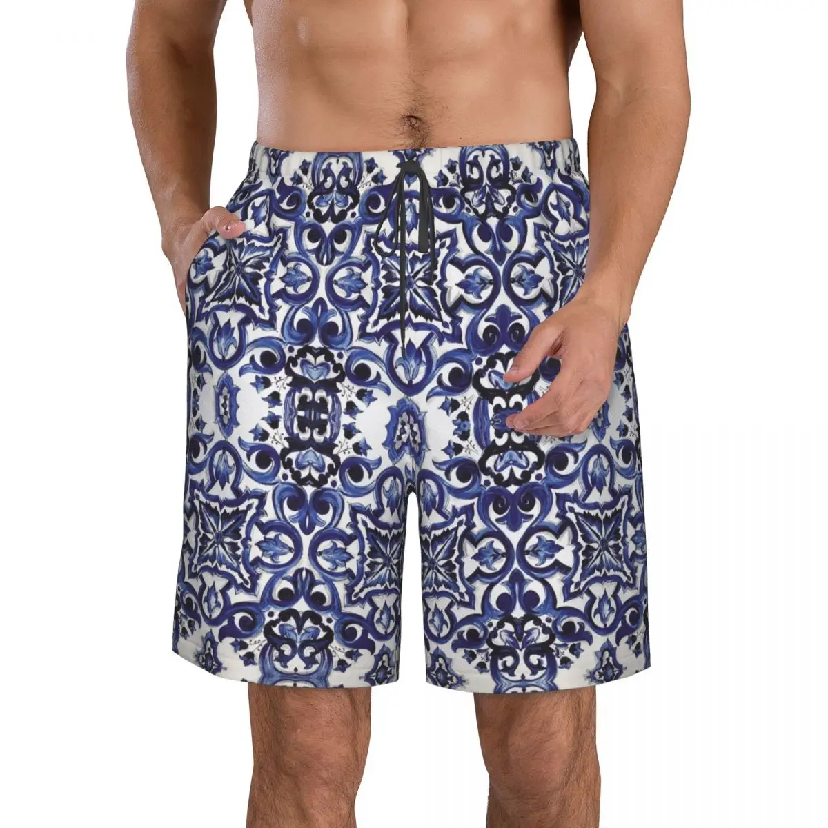 

Blue Ornate Floral Mediterranean Sicilian Tile Trunks Beach Board Shorts Casual Quick Dry Swim Summer Men Pants