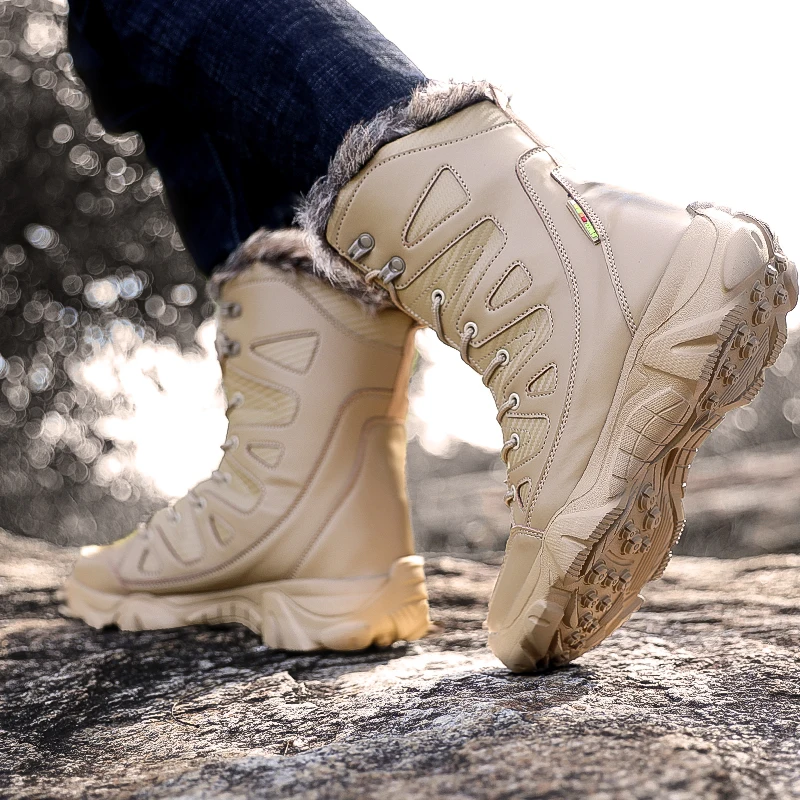 

Winter Snow Boots Men Lace-up Anti-slip Warm Durable Plush Battle Boots Men Casual Soft Breathable Outdoor High-top Boots Men