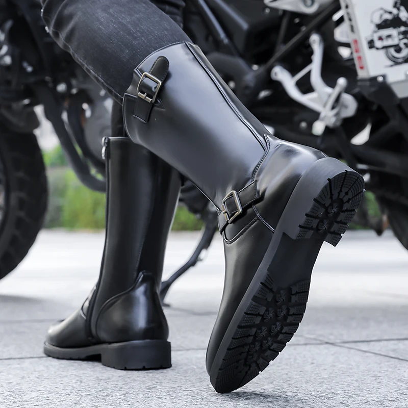 STRONGSHEN Men Fashion Leather Motorcycle Boots Mid-calf Warm Boots Black Gothic Belt Rivet Punk Rock Boots Tactical Army Boot