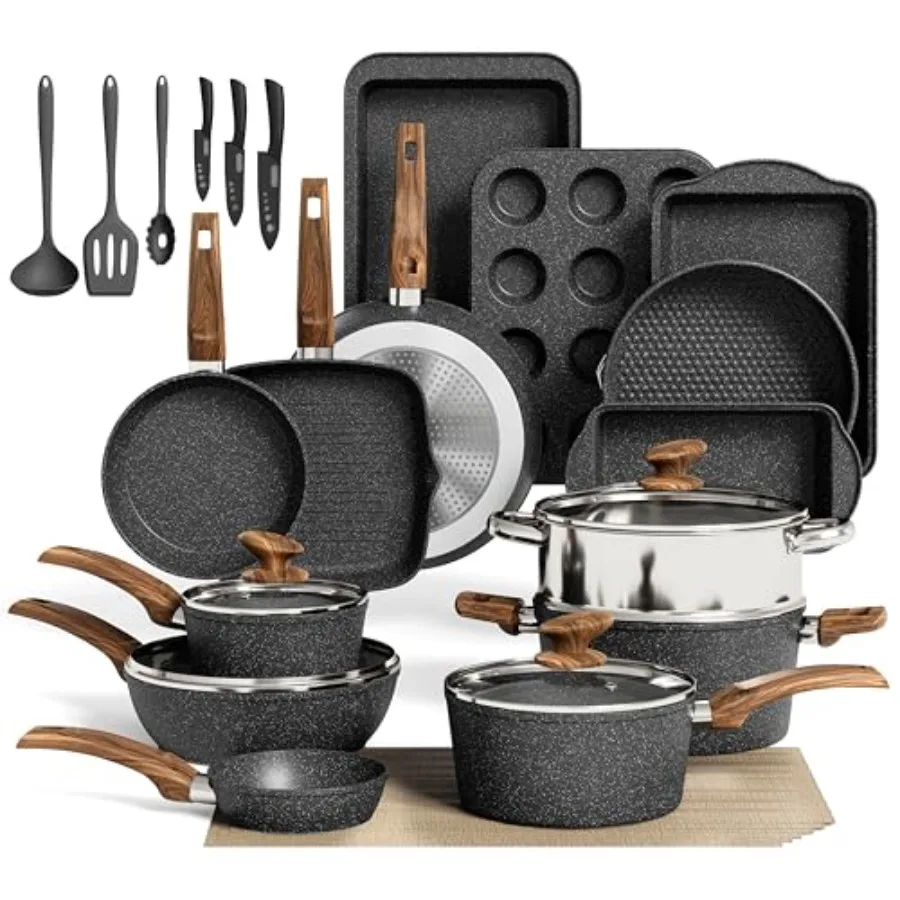 

30 Piece Non Stick Kitchen Cookware and Bakeware Set with Granite Coating for Home Cooking Includes Frying Pan Saucepan Baking