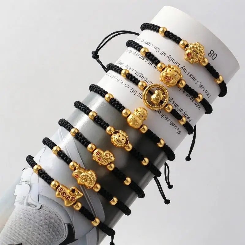 Handmade Red String Bracelet Zodiac Gold Charms Adjustable Size Good Luck Gifts New Year Daily Wear
