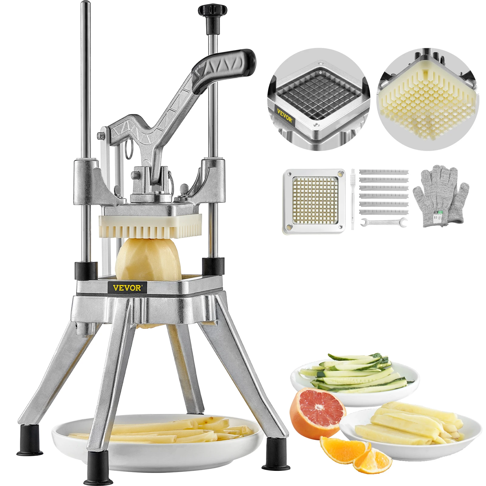 VEVOR Coupe-Frites Professionnel Manuel Coupe-Légumes Multifonction Commercial en Inox Lame de 0,64 cm Coupe Pomme de Terre Fruits en Bâtonnets Dés avec 2 Lames de Rechange pour Restaurant Cuisine