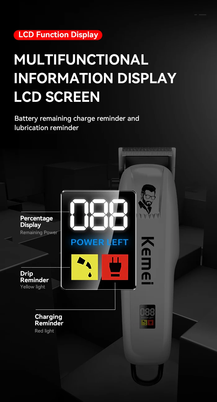 Kemei KM-PG809A KM-PG232 LCD USB Charging Hair Clipper Adjustable Professional Cutting Machine KM-3382 Shaver Trimmer For Men