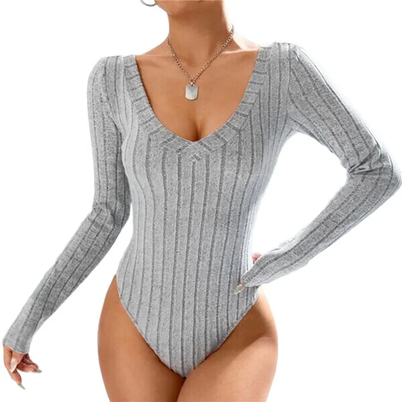 

CYL-Womens V Neck Bodysuit Basic Ribbed Long Sleeve Jumpsuits Tops For Women Fall Tops