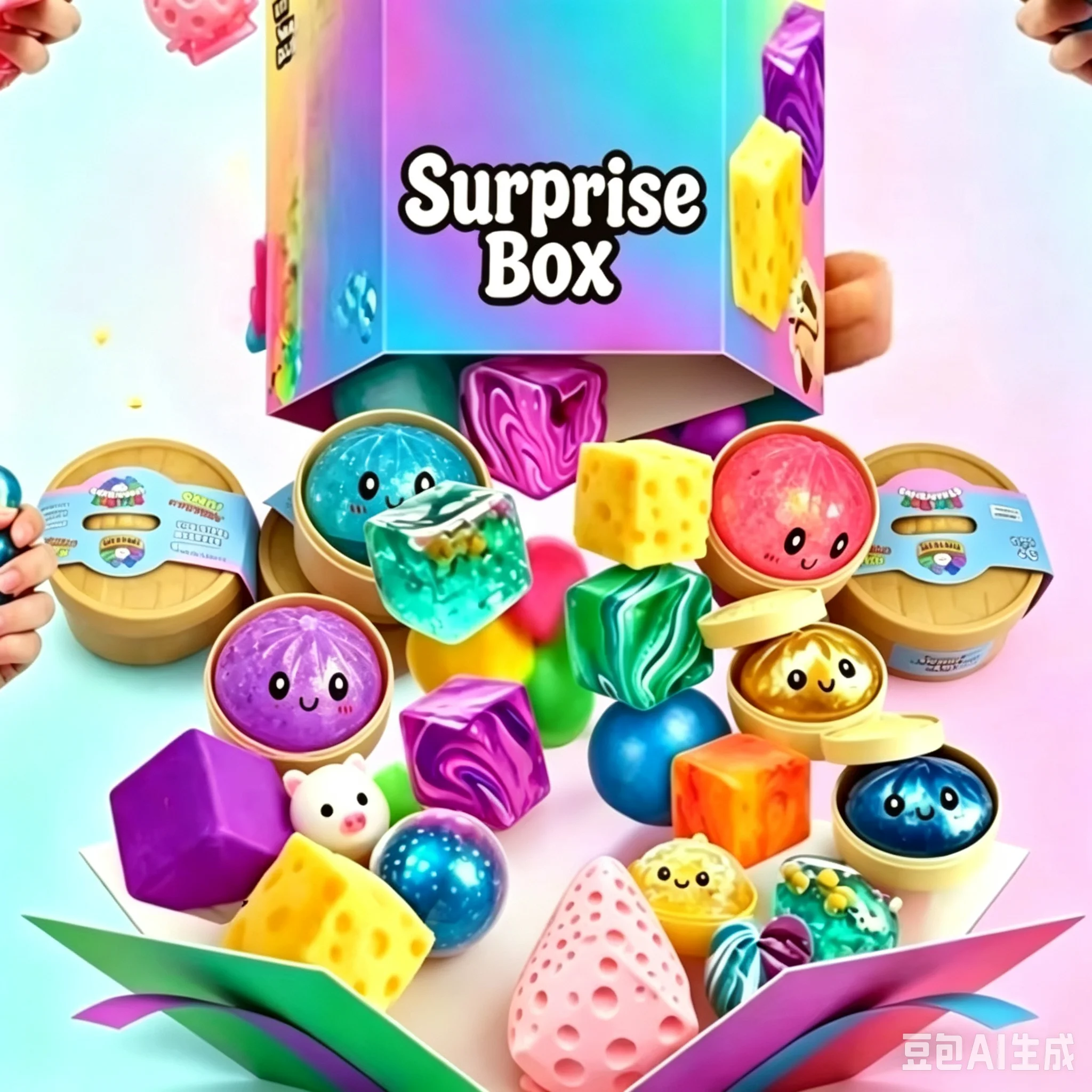 Holographic Surprise Box Assorted Cute Face Squeeze Balls Cheese Cube Marbled Jelly Squishies Portable Mini Container Sensory