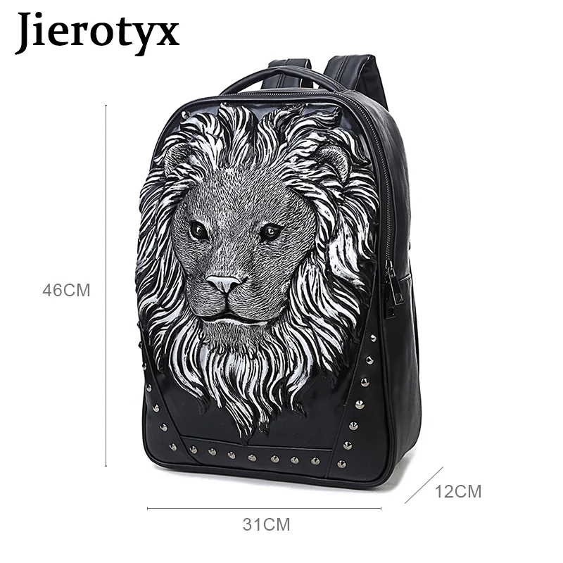 JIEROTYX Personalized 3D Lion Studded Womens Laptop Backpack School Bags PU Leather Water Resistant College Computer Bag Travel