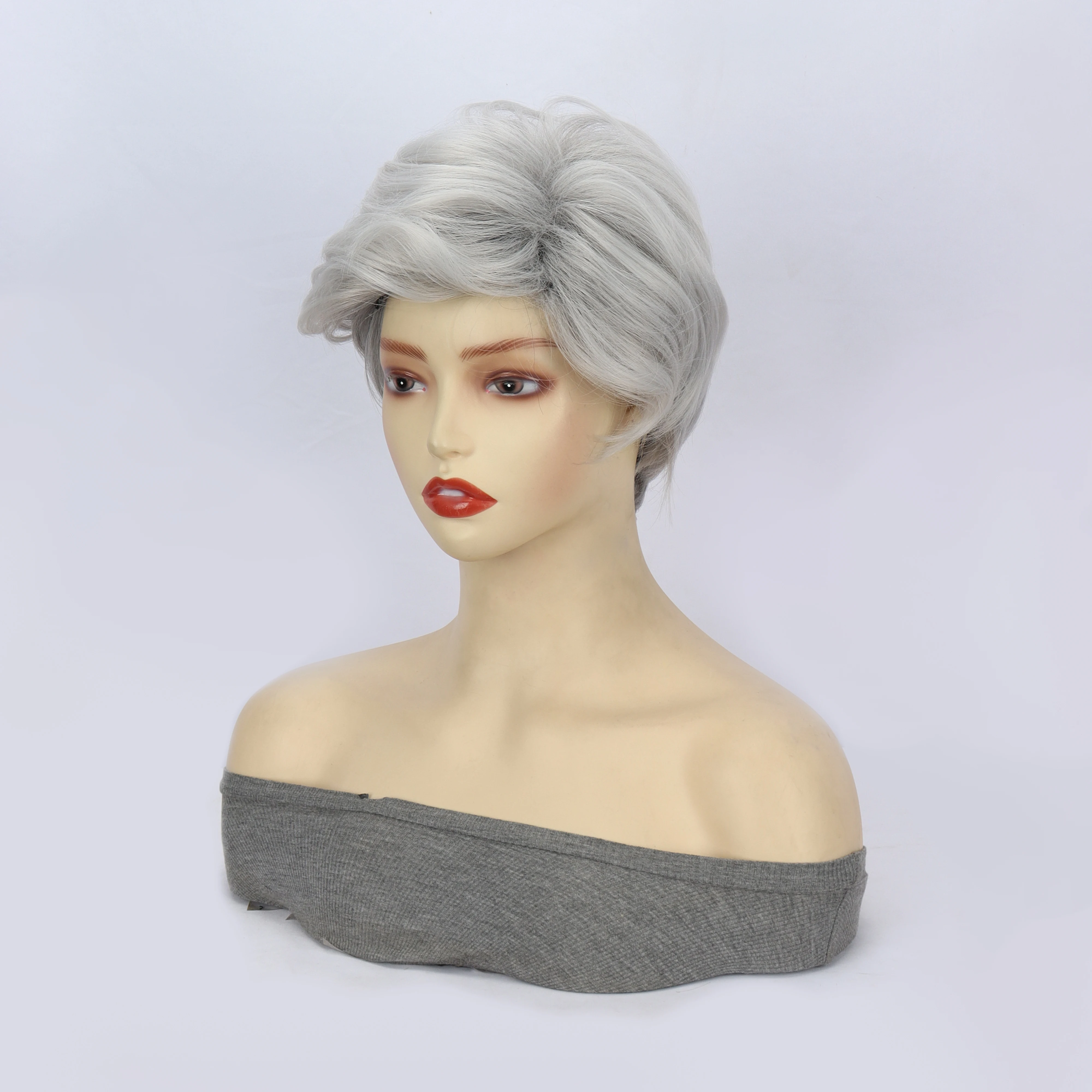 Wig for European and American women with short curly hair, black and white mixed color, anti curling mechanism hood