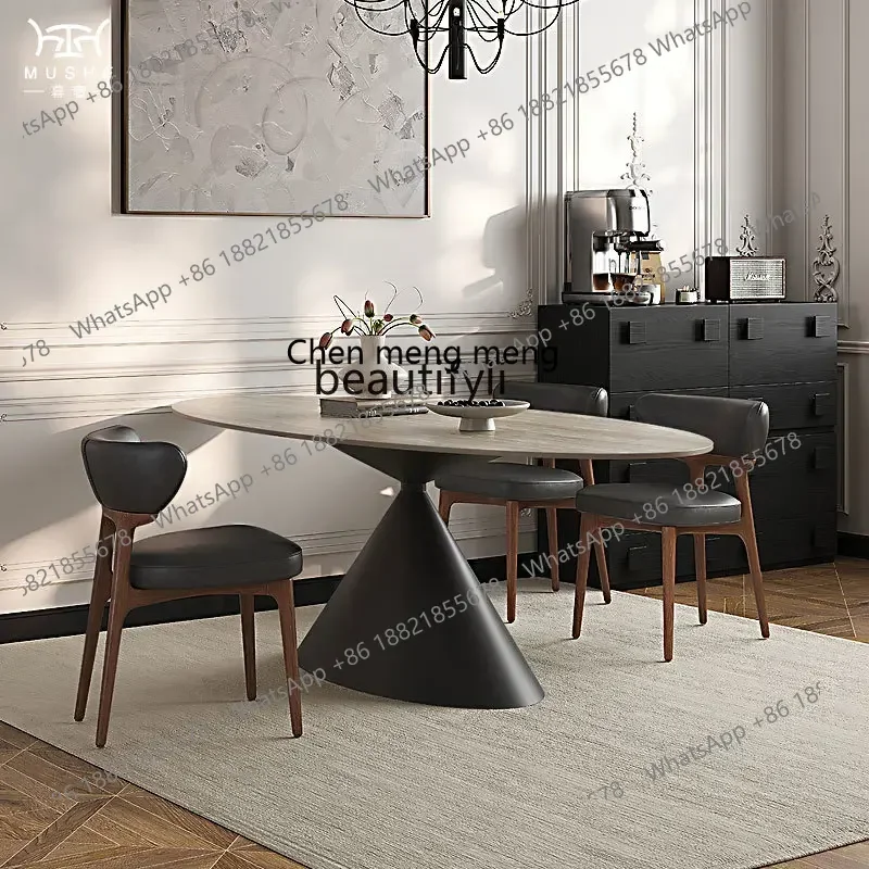 

178French retro travertine rock slab dining table oval designer medium and ancient style home dining table