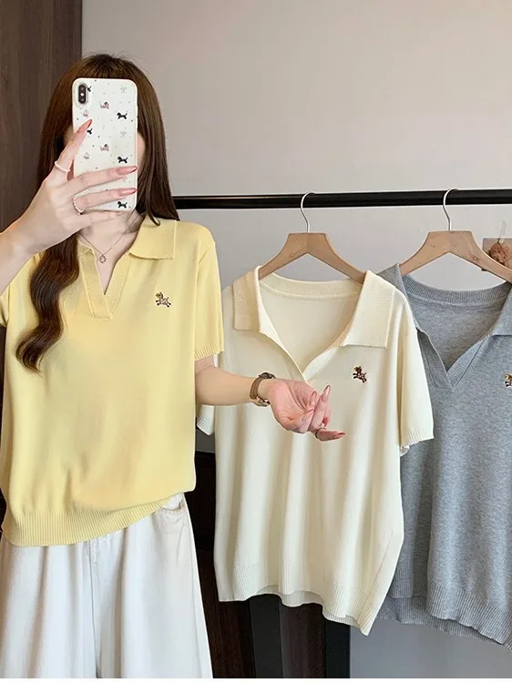 

Женская футболка больших размеров в корейском стиле с вышивкой, из ледяного шелка, вязаная, с коротким рукавом, утягивающая, универсальная, летняя