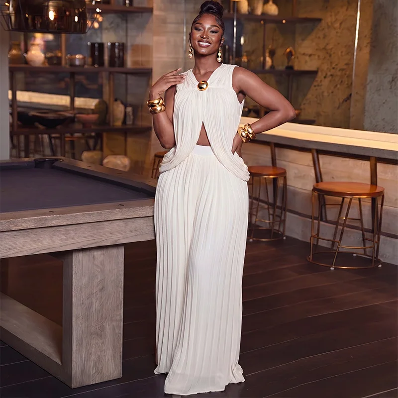 Women Pleated Two Piece Set Sleeveless Cutout Front Top With Metal Decor Wide Leg Pants Elegant EveningOutfit for Wedding Guest