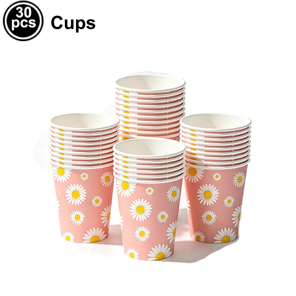 Gänseblümchen-Thema, Einweggeschirr, Blumen-Pappteller, Servietten, Tasse, Gänseblümchen-Blume, Kindergeburtstag, Party, Babyparty, Hochzeitsdekoration – Detail 1