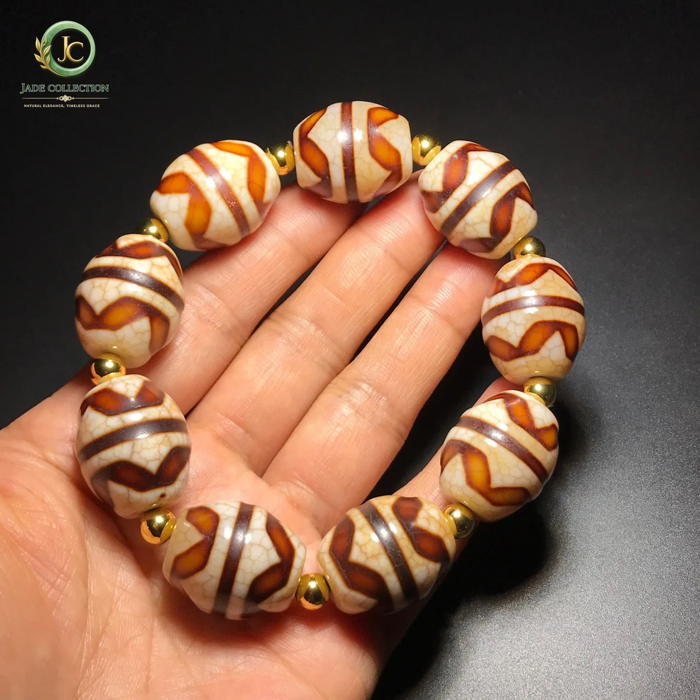 Unique Tibetan Old Agate Dzi Tiger Tooth Beads Amulet Bracelet J0404