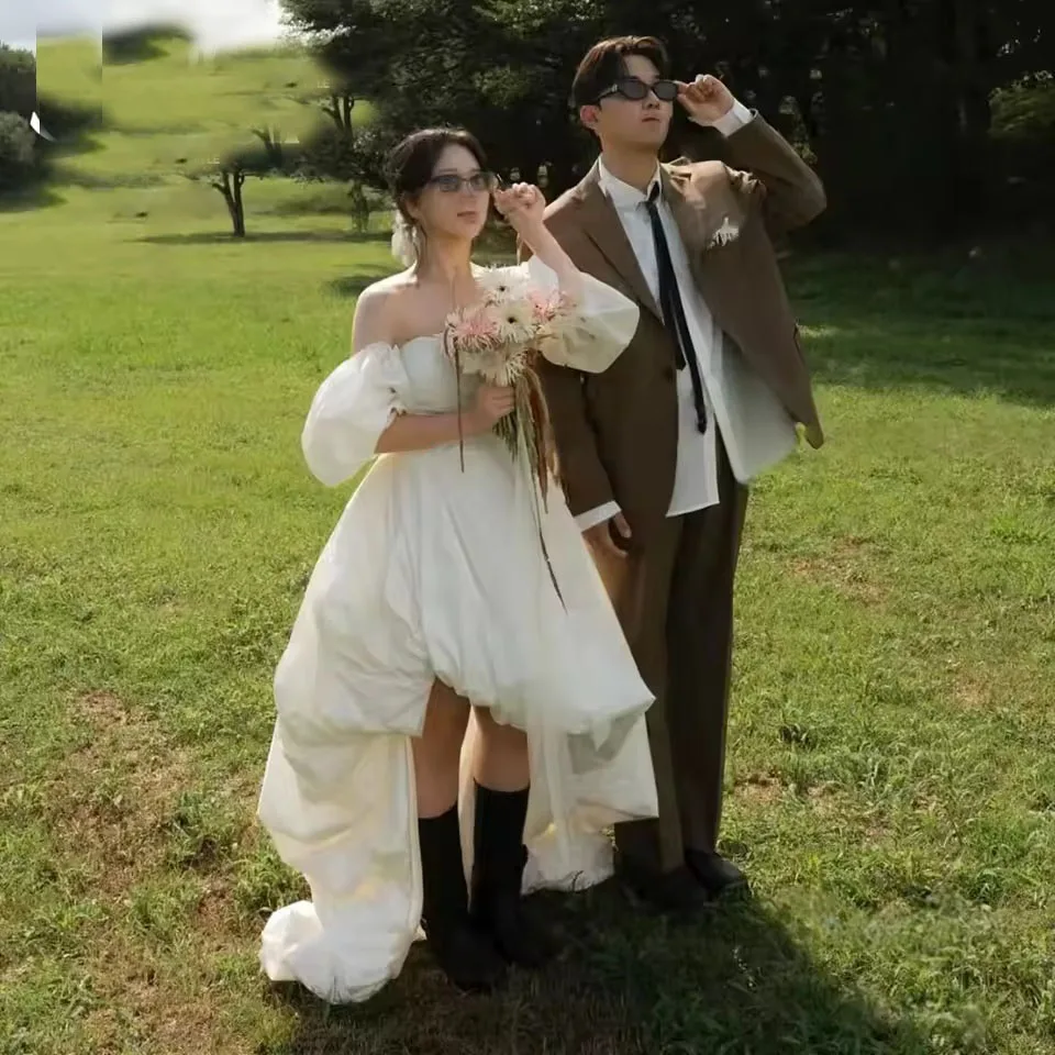 

ML Elegant High Low Wedding Party Dress Off Shoulder Puff Sleeves Ivory Korean Photo Shoot Bridal Reception Gown Customized