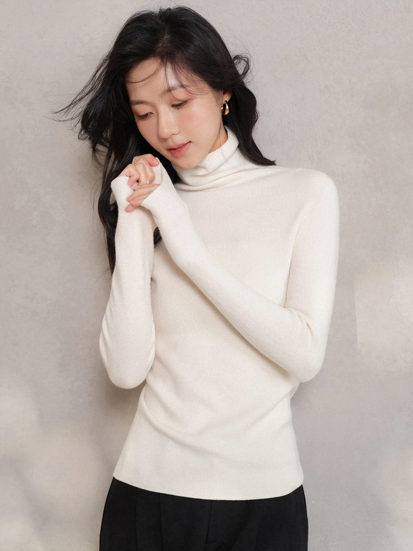 Top de gola alta de malha elástica de ajuste fino para mulheres macio elástico manga longa camiseta casual pulôver para outono inverno casual wear