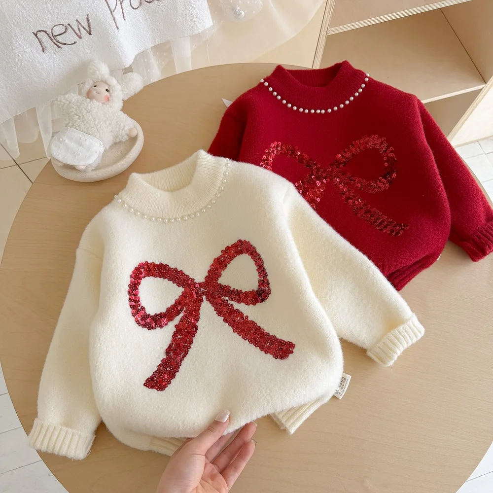 New Bling Glitter Bow-knot Girls Sweater Elegant Pearl Trim Collar Soft Knit Long‑Sleeve Pullover Children Festival Tops JY09091