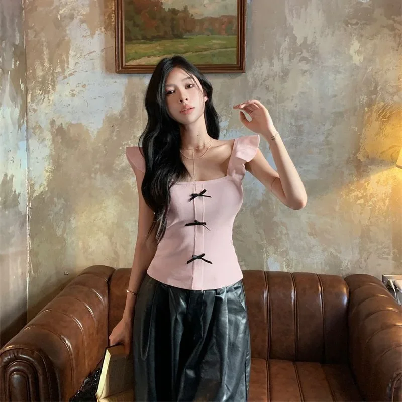 ホットガールノースリーブキャミソール夏韓国スタイル新デザインショートちょう結び純粋な欲望の女性のスリムフィットトップ