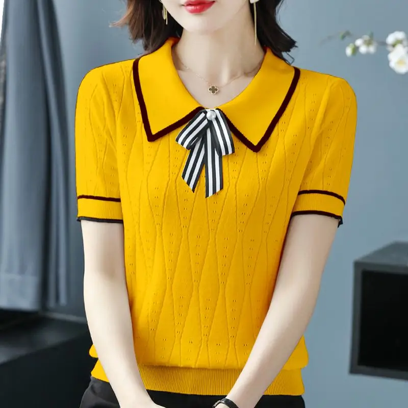 2025 sommer Neue Lose Alle-spiel Tops Pendler T Shirt Mode Revers Verstärktes Gestrickte Perlen Bogen Polo Shirts frauen Kleidung