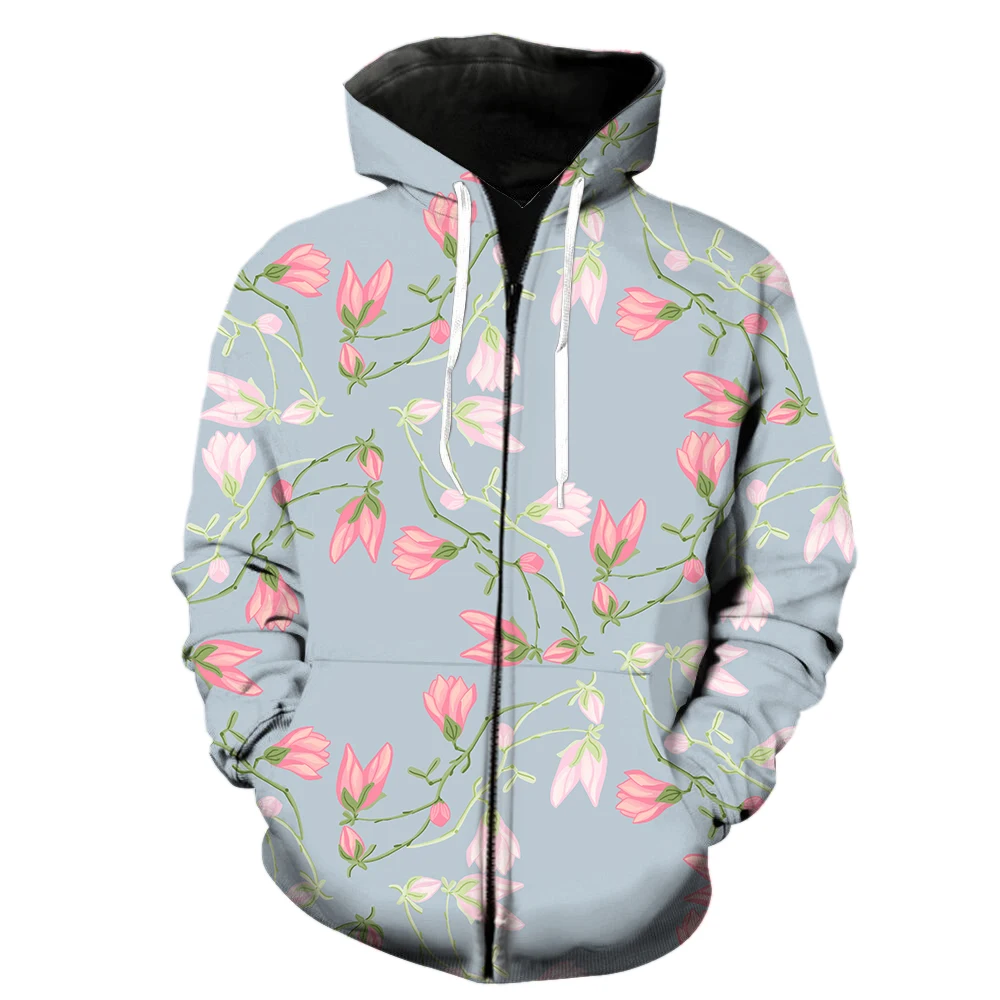 

Flowers Magnolia Men's Zipper Hoodie Cool 3D Print Long Sleeve Sweatshirts Harajuku Hip Hop Tops Oversized Funny Teens Fashion