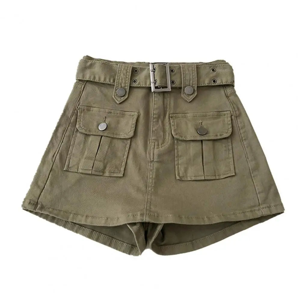 Women Skirt Korean Style High Waist Mini Skirt With Belt Big Pocket Cargo Skirt Shorts Conservative Anti-exposure Shorts Skirt