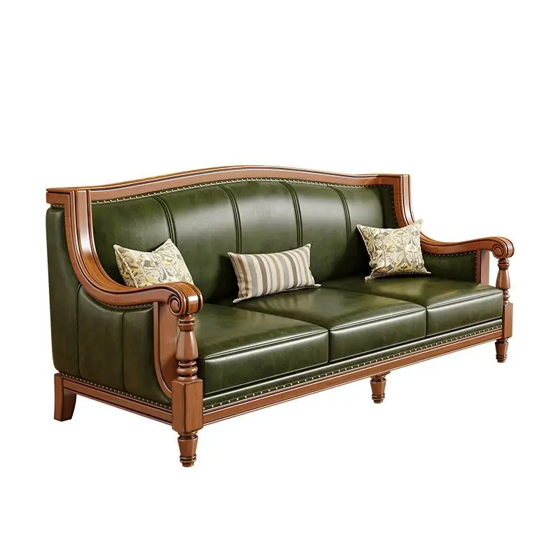 

Retro solid wood leather art sofa leather light luxury sofa combination