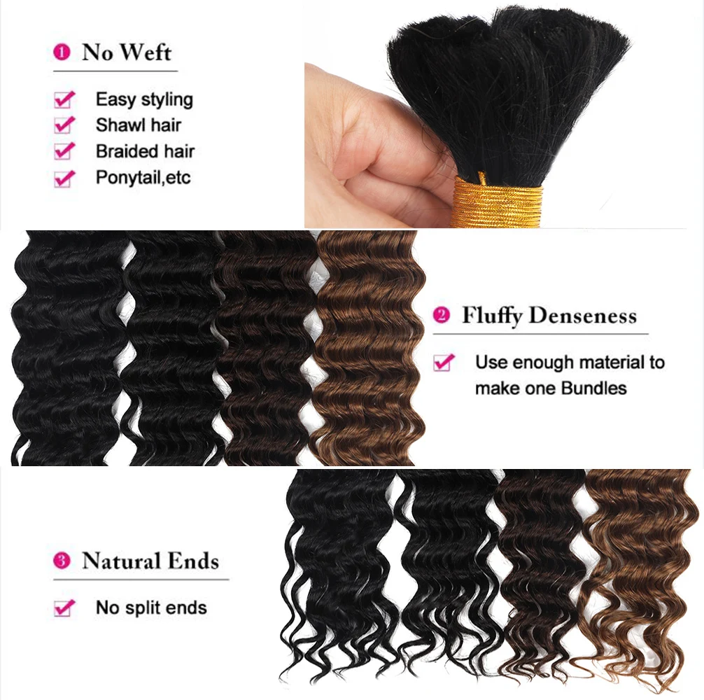 Deep Wave Human Hair Bulk para trança, sem WeftRemy, extensões de cabelo a granel, 50g, 14 a 28 Polegada