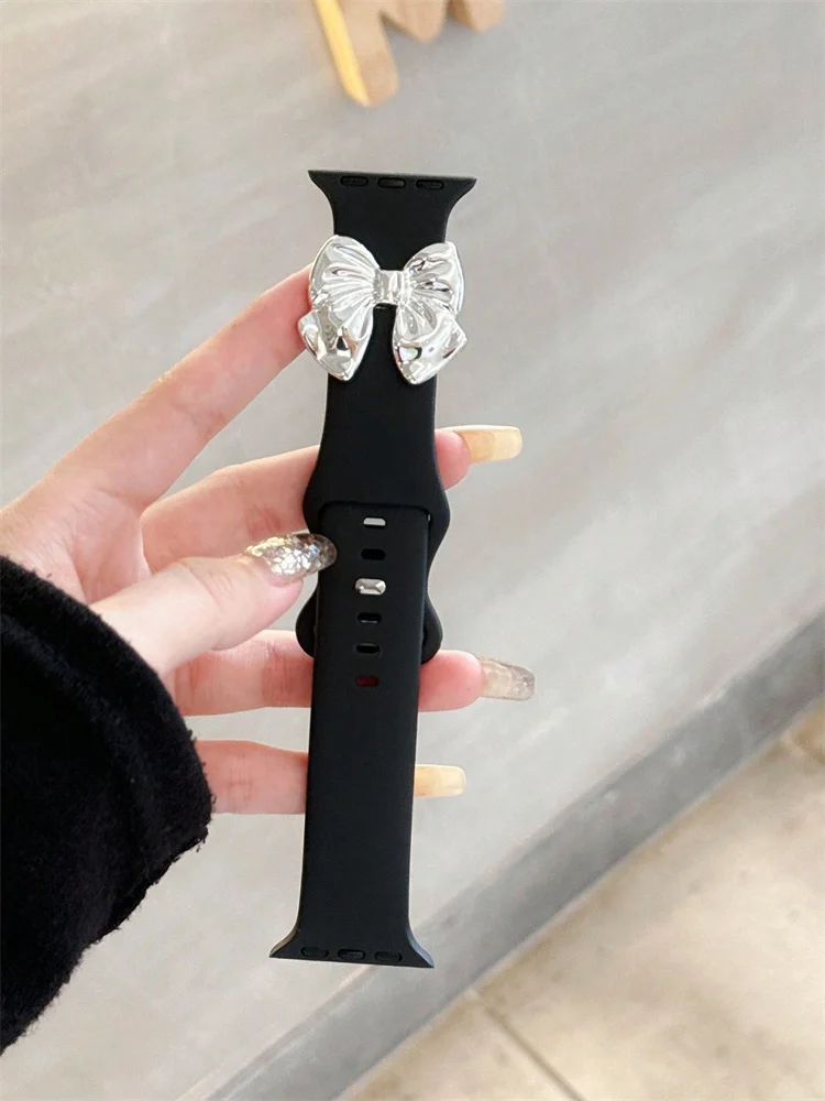 Y2k Cute 3D Silver Bowknot Strap For Apple Watch Band 49mm 45 44 41 42 38 40 Correa Men Women Band For Watch Series 9 8 7 SE 6 5