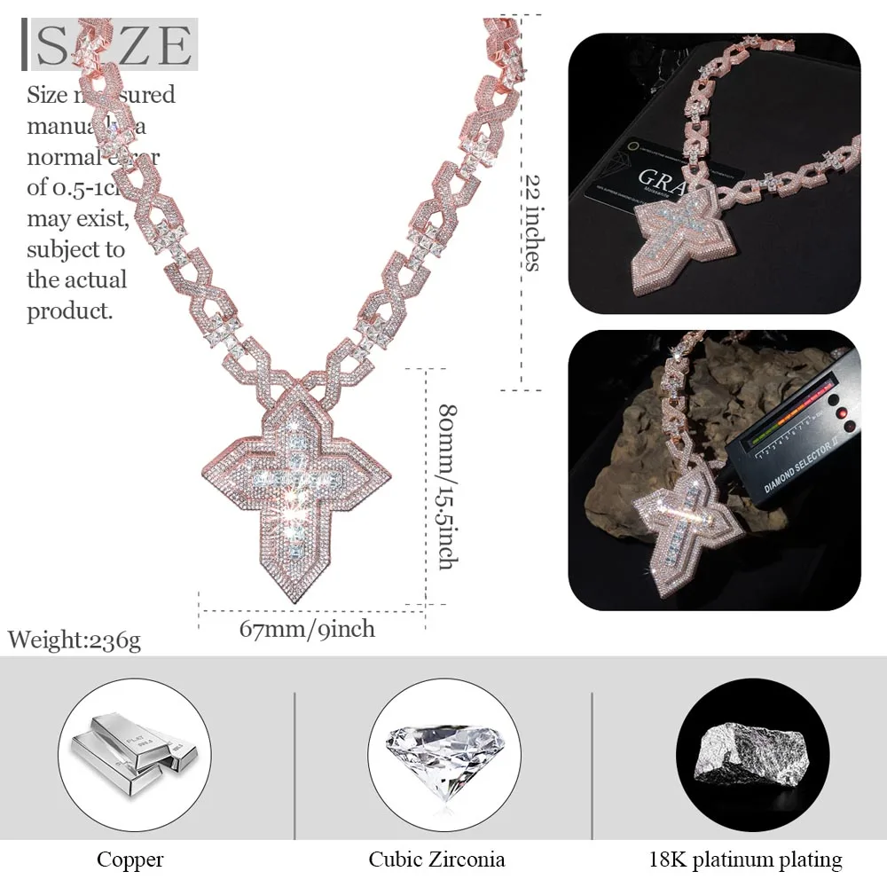 Ice Out Punk Style Full CZ Diamonds Big Cross Necklace Cuban Link Chain Solid Back Pendant Chains Prom Party Hip Hop Jewelry