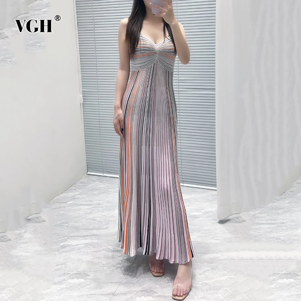 

VGH Slimmign Hit Colro Elegant Long Dresses For Women Square Collar Sleeveless High Waist Temperament Dress Female Fashion New