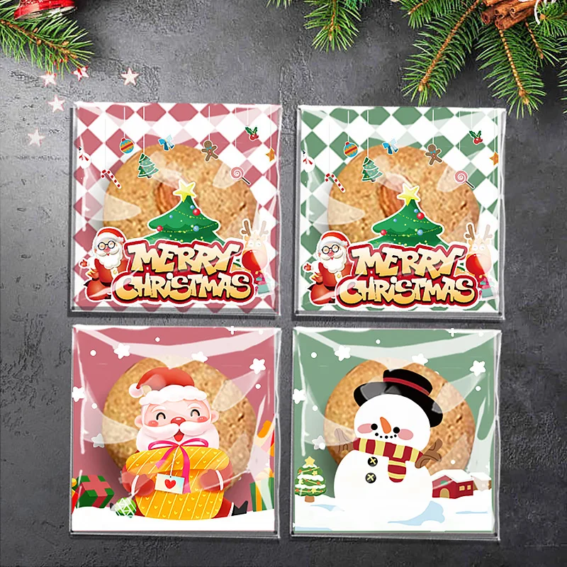 100pcs Christmas Gift Bag Self Adhesive Cookies Candy Wrapping Bag New Year Party Gift Snack Baking Plastic Bag Navidad 2024